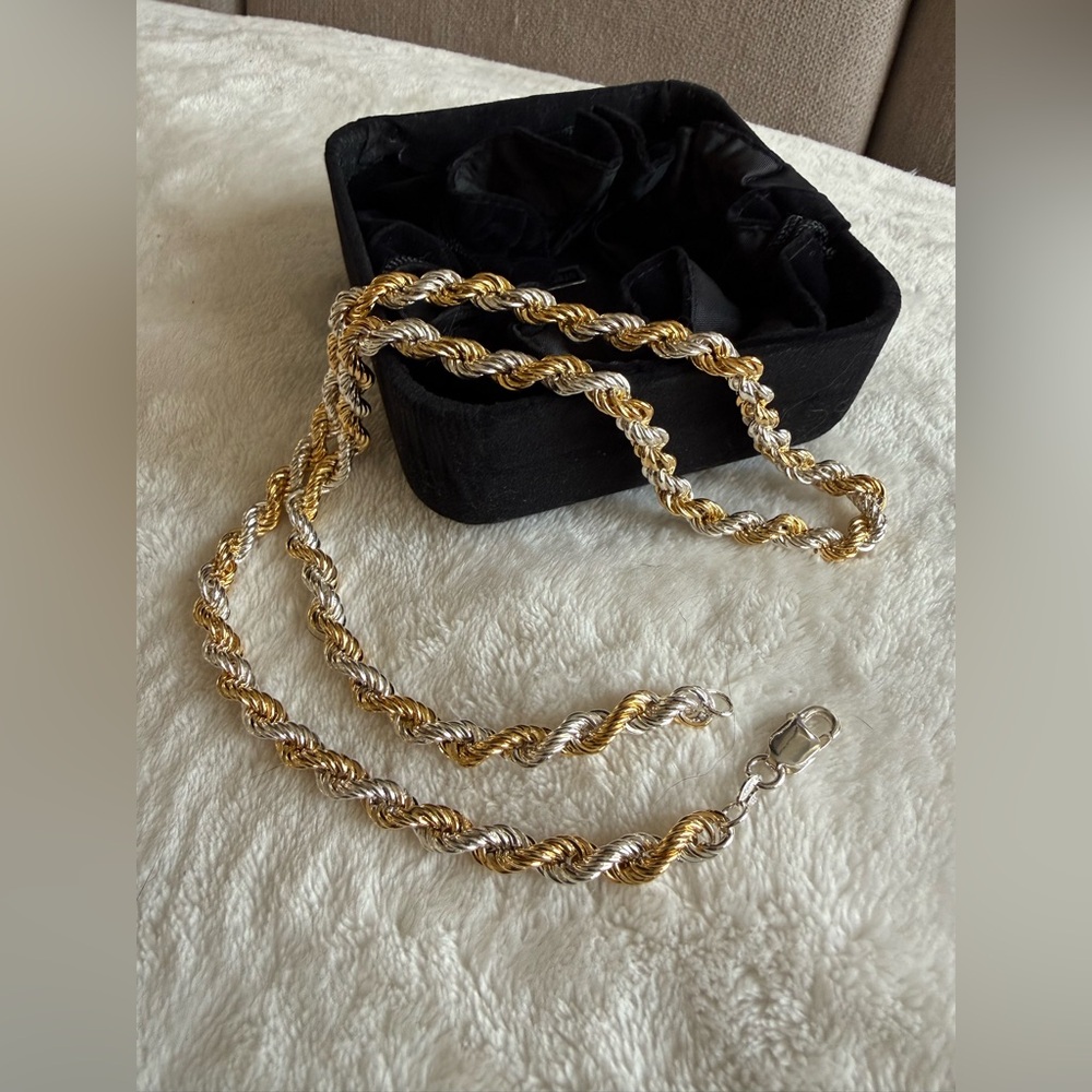 Italian 925 Sterling Silver Two-Tone Rope Necklace - Picture 4 of 7